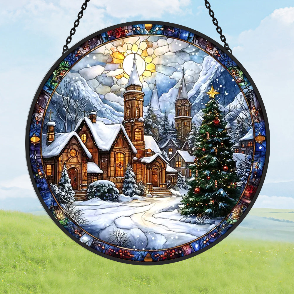 Christmas Snow Village Sun Catcher Decoration Stained Glass Window Hanging
