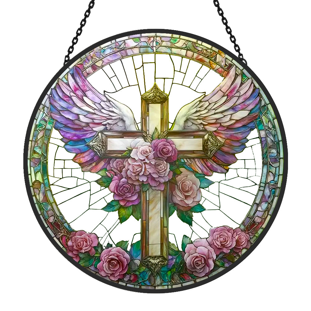 Angel Cross Sun Catcher Decoration Stained Glass Window Hanging
