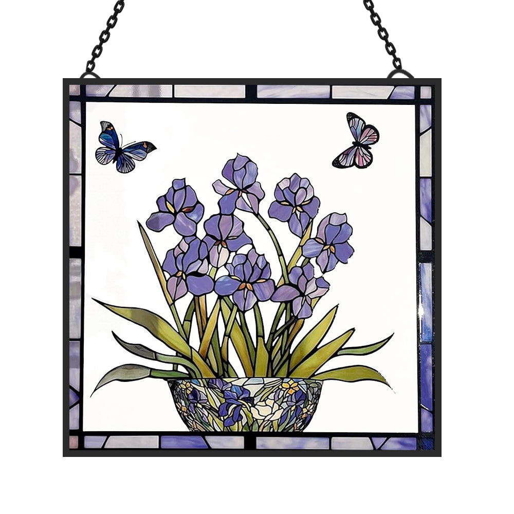 Blue Iris and Butterfly Sun Catcher Decoration Stained Glass Window Hanging