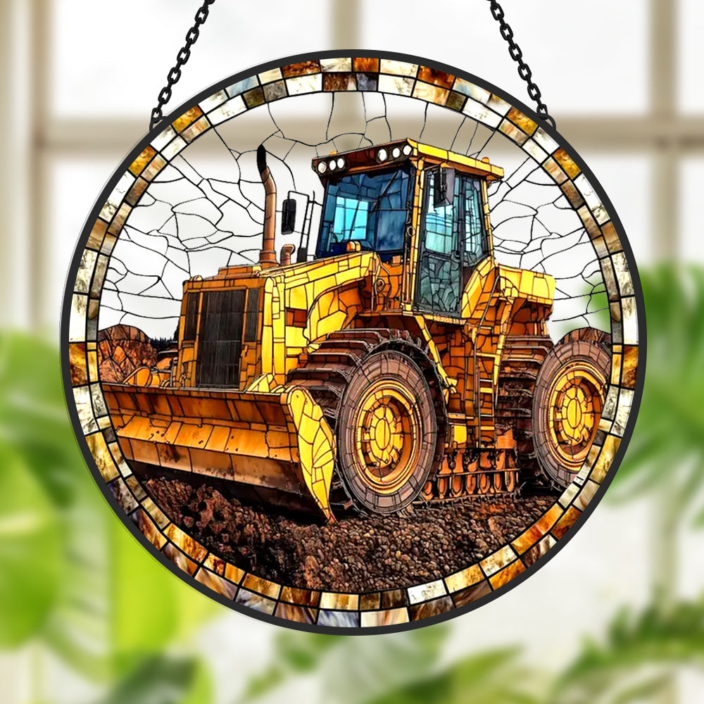 Bulldozer Sun Catcher Decoration Stained Glass Window Hanging
