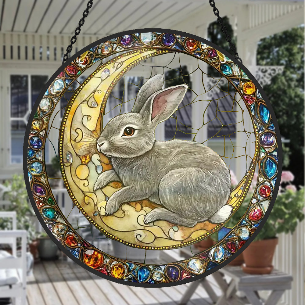 Bunny and Moon Sun Catcher Decoration Stained Glass Window Hanging