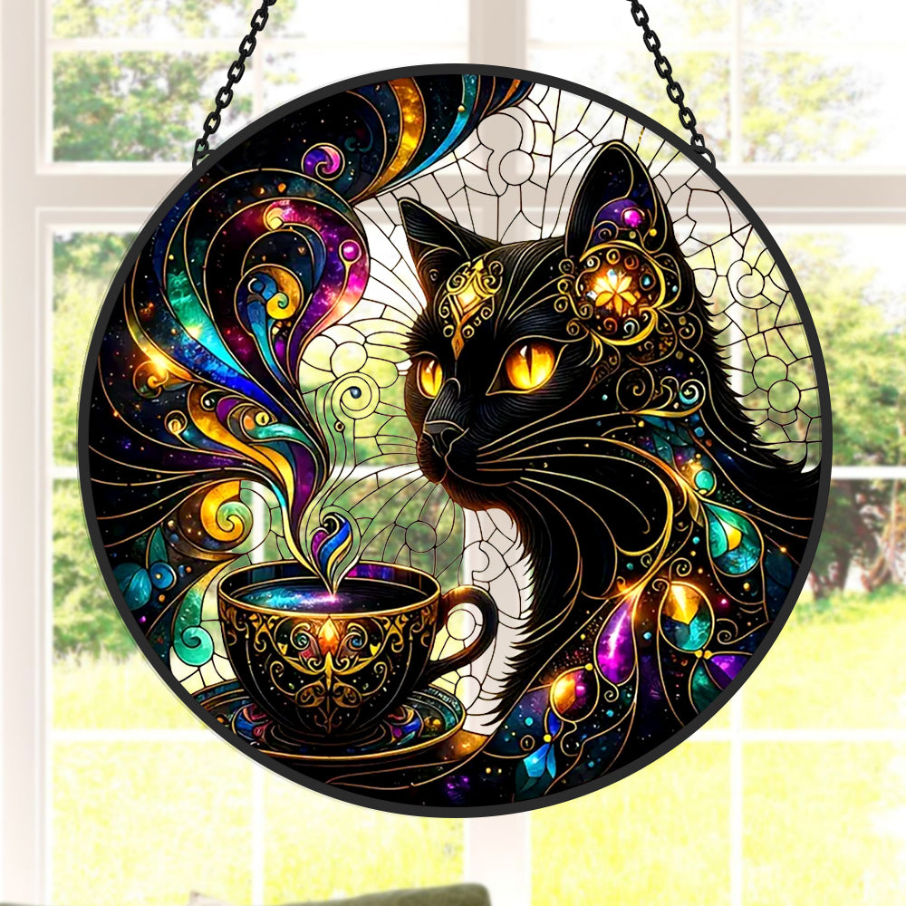 Classic Black Cat Sun Catcher Decoration Stained Glass Window Hanging