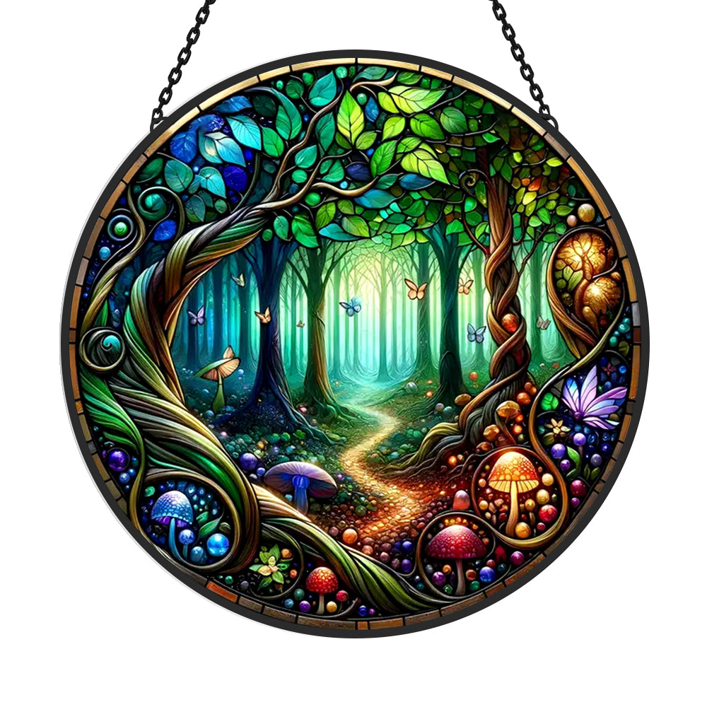 Enchanting Forest Scene Sun Catcher Decoration Stained Glass Window Hanging