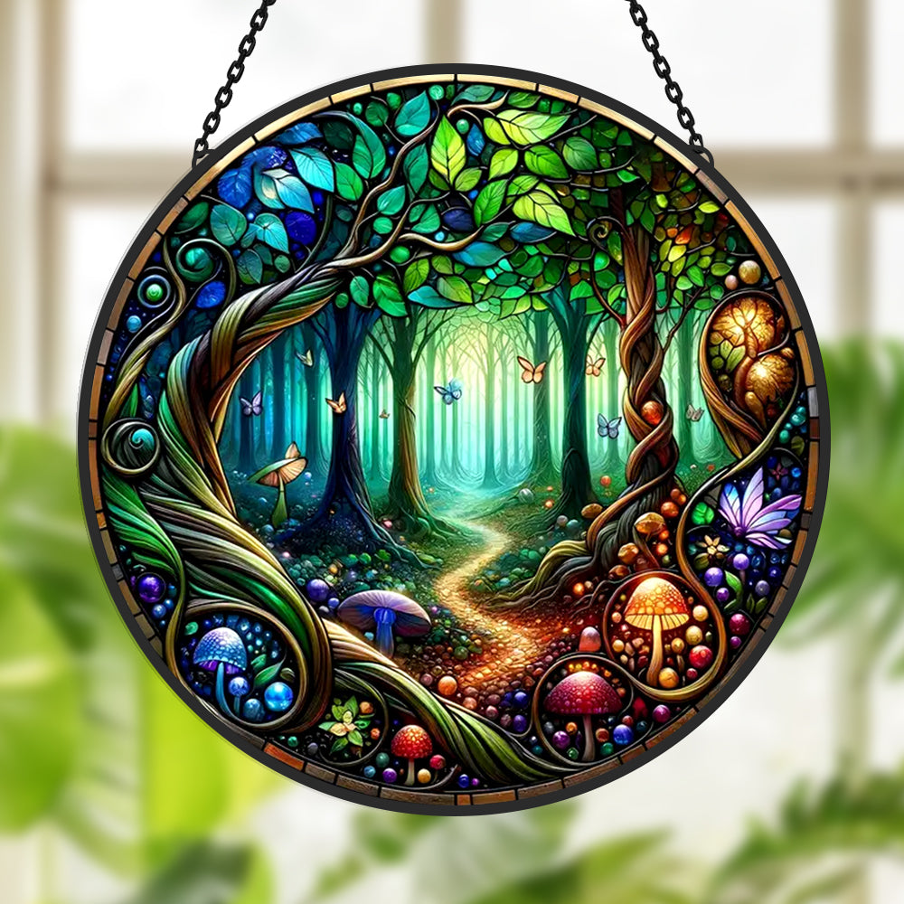 Enchanting Forest Scene Sun Catcher Decoration Stained Glass Window Hanging