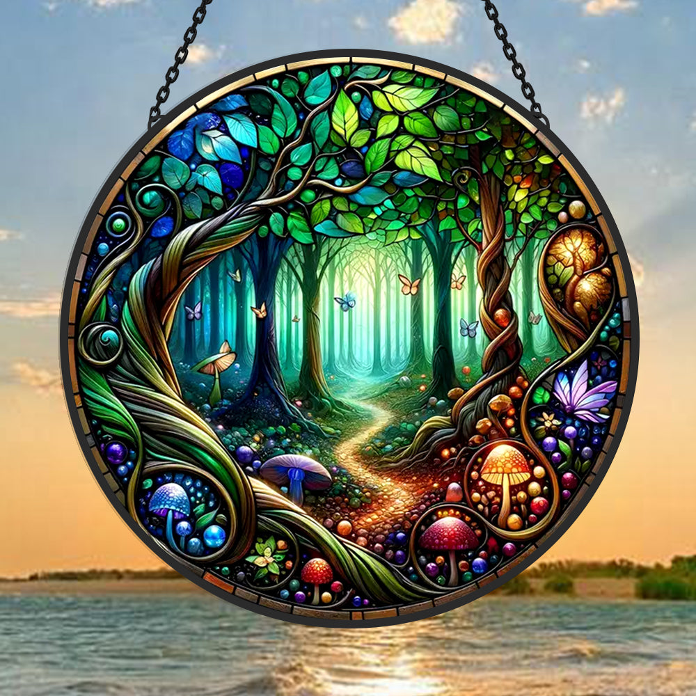 Enchanting Forest Scene Sun Catcher Decoration Stained Glass Window Hanging