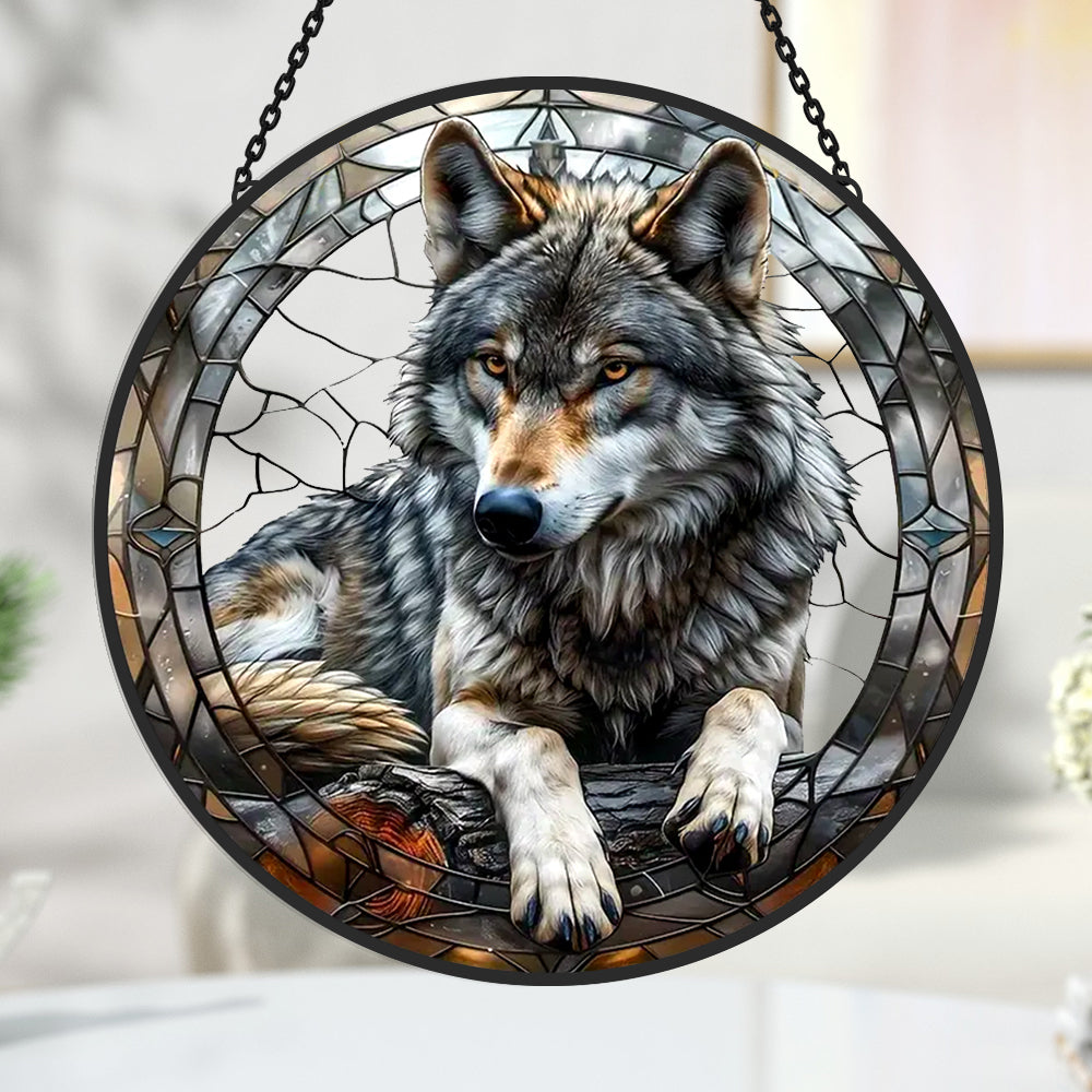Gray Wolf Sun Catcher Decoration Stained Glass Window Hanging
