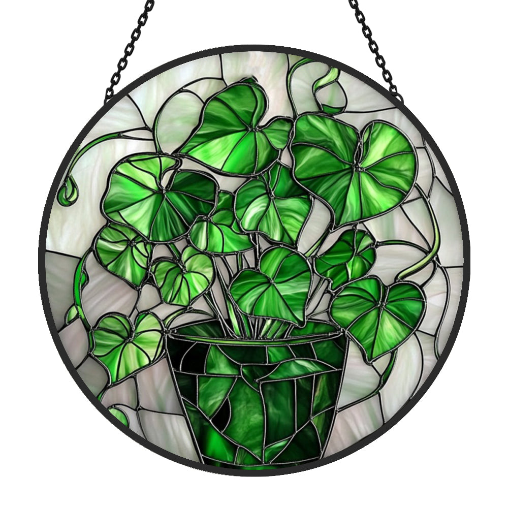 Green Leaf Heart-Shaped Sun Catcher Decoration Stained Glass Window Hanging