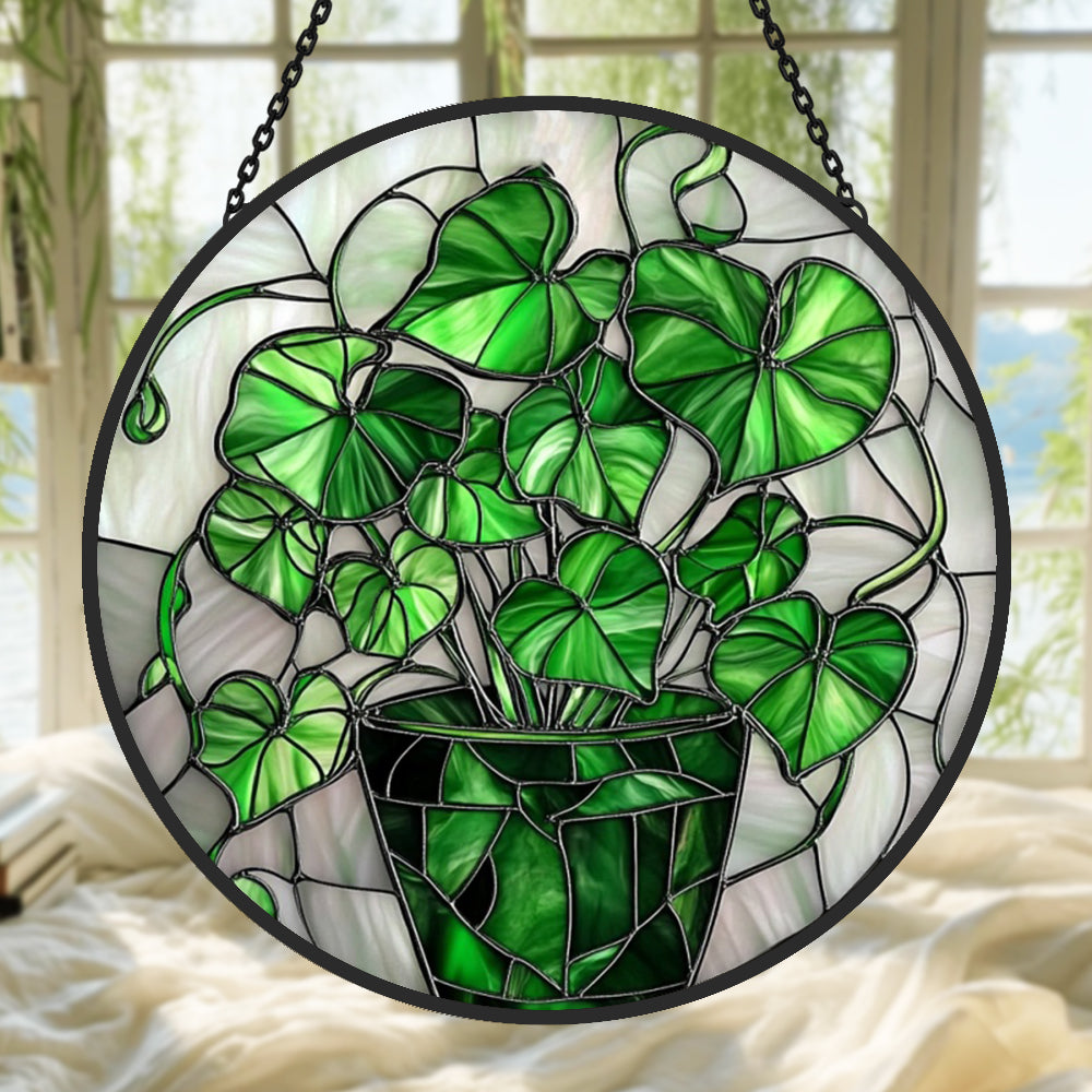 Green Leaf Heart-Shaped Sun Catcher Decoration Stained Glass Window Hanging