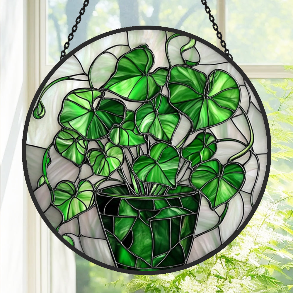 Green Leaf Heart-Shaped Sun Catcher Decoration Stained Glass Window Hanging