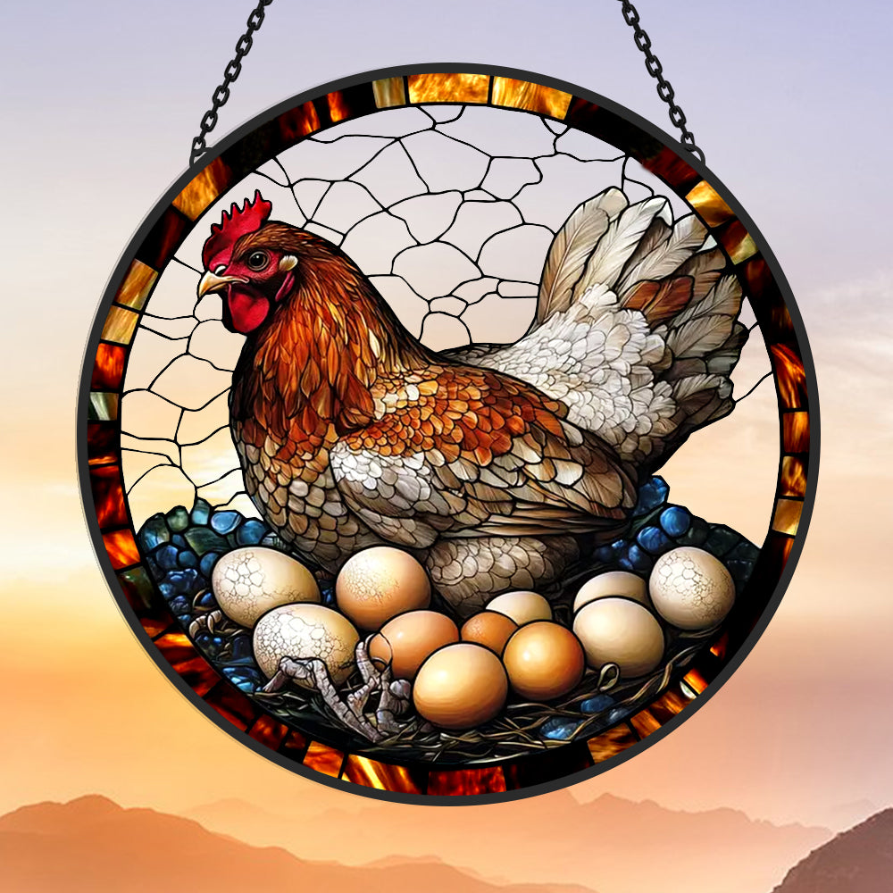 Hen and Eggs Sun Catcher Decoration Stained Glass Window Hanging