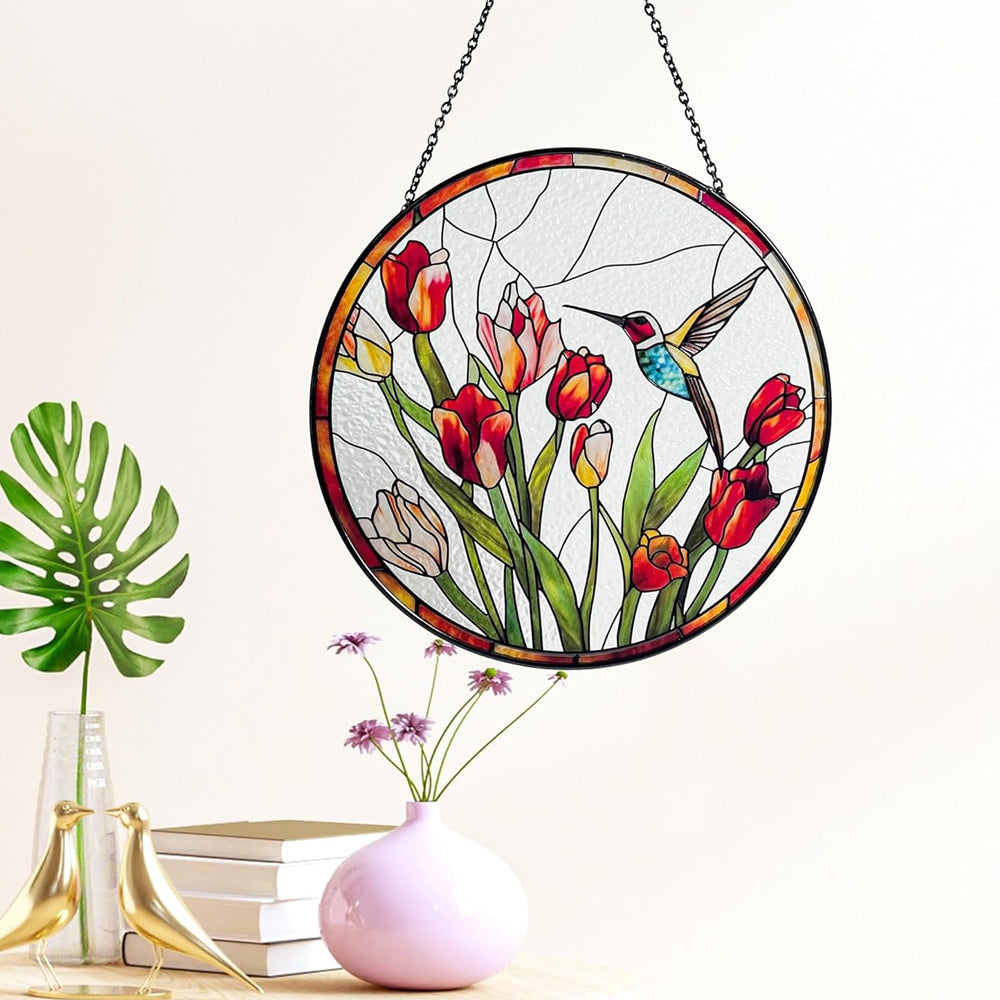 Hummingbird and Tulips Sun Catcher Decoration Stained Glass Window Hanging