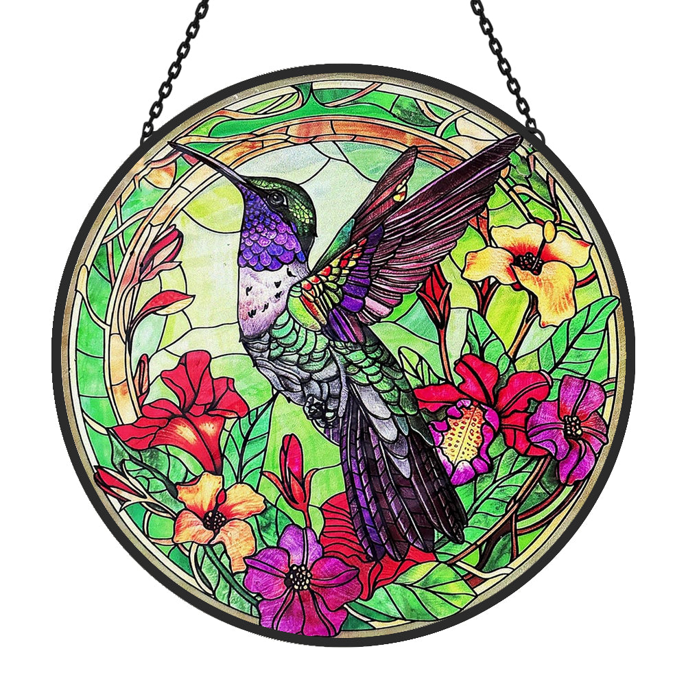 Hummingbirds and Flowers Sun Catcher Decoration Stained Glass Window Hanging