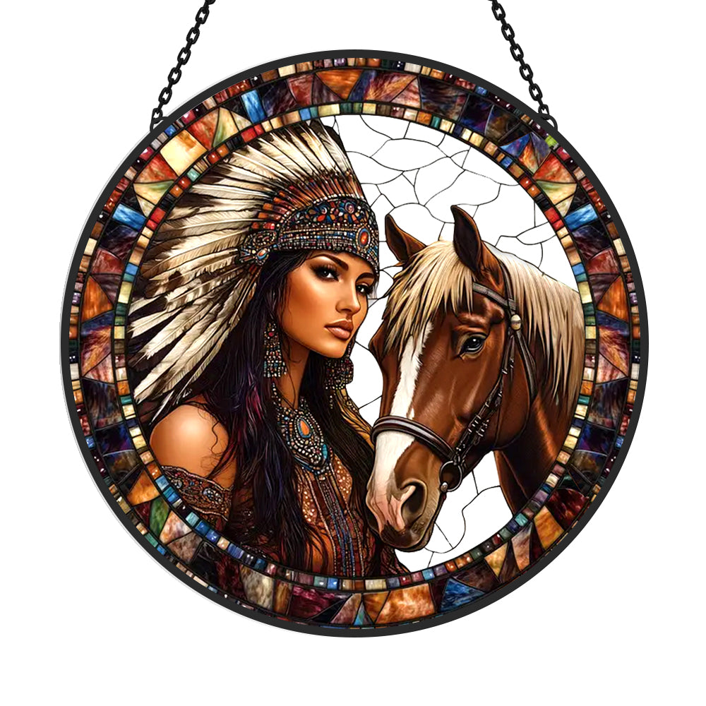 Native American Woman and Horse Sun Catcher Decoration Stained Glass Window Hanging