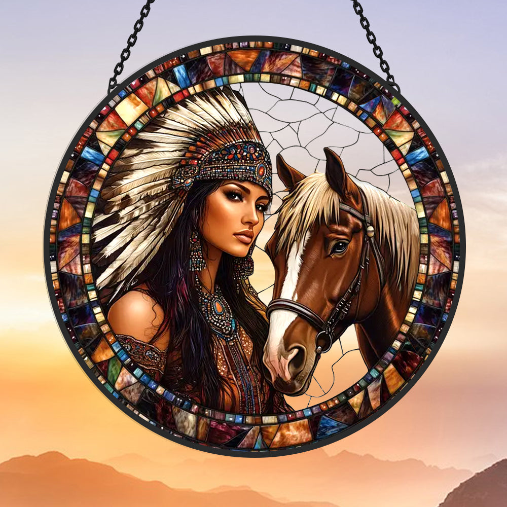 Native American Woman and Horse Sun Catcher Decoration Stained Glass Window Hanging