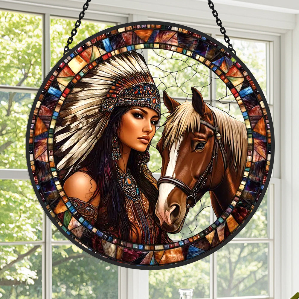 Native American Woman and Horse Sun Catcher Decoration Stained Glass Window Hanging