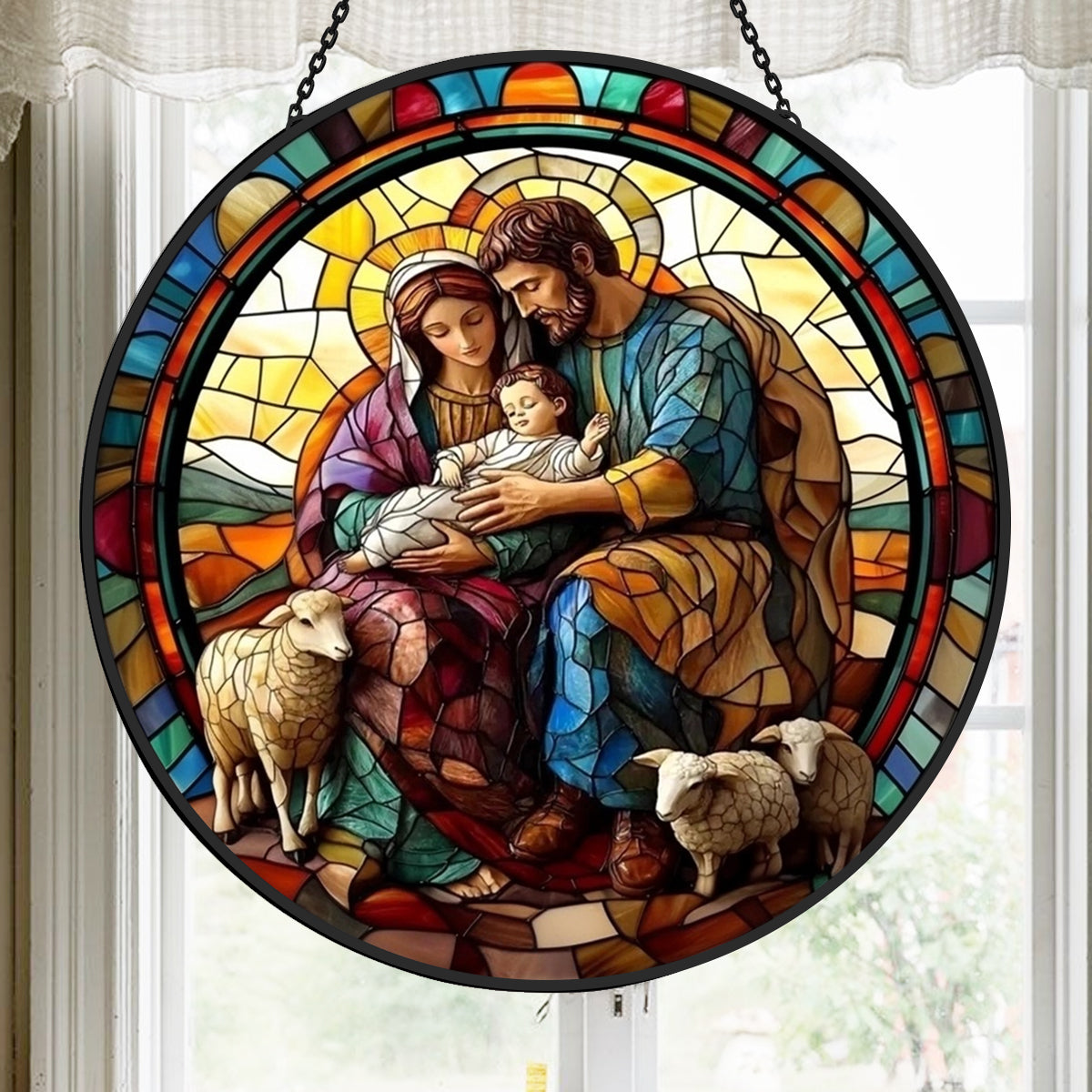 Nativity Scene Sun Catcher Decoration Stained Glass Window Hanging