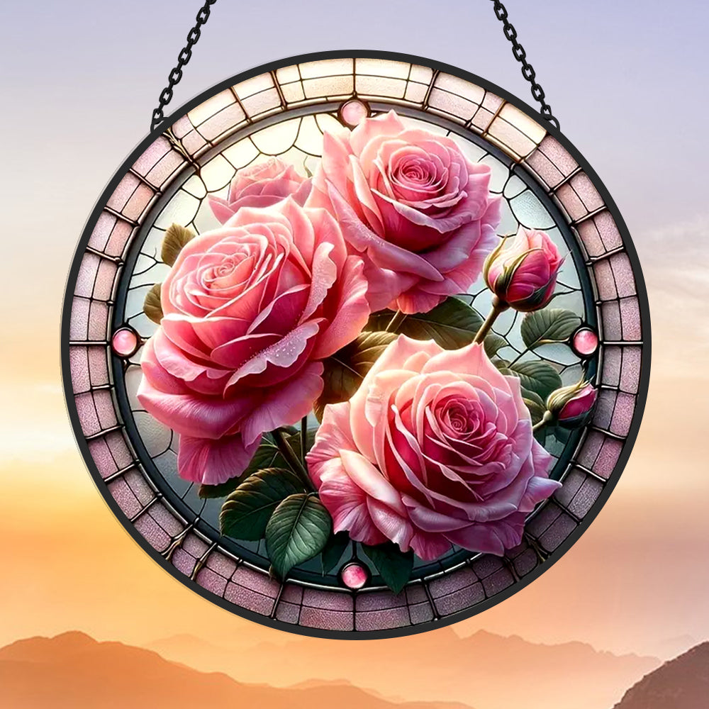 Pink Roses Sun Catcher Decoration Stained Glass Window Hanging
