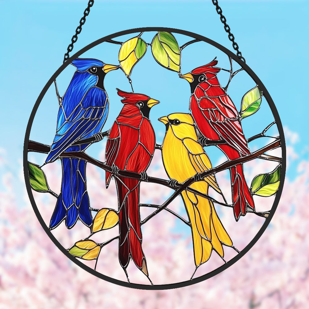 Spring Cardinals Sun Catcher Decoration Stained Glass Window Hanging
