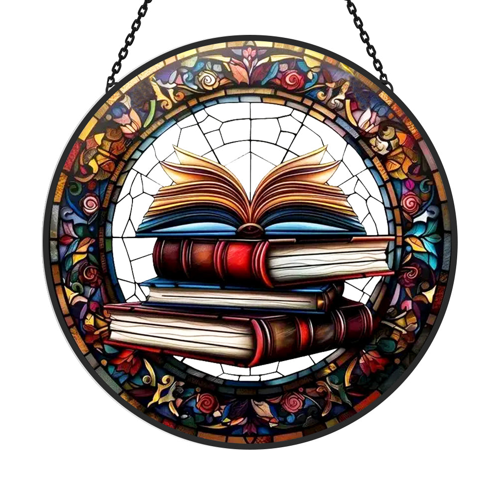 Stacked Books Sun Catcher Decoration Stained Glass Window Hanging