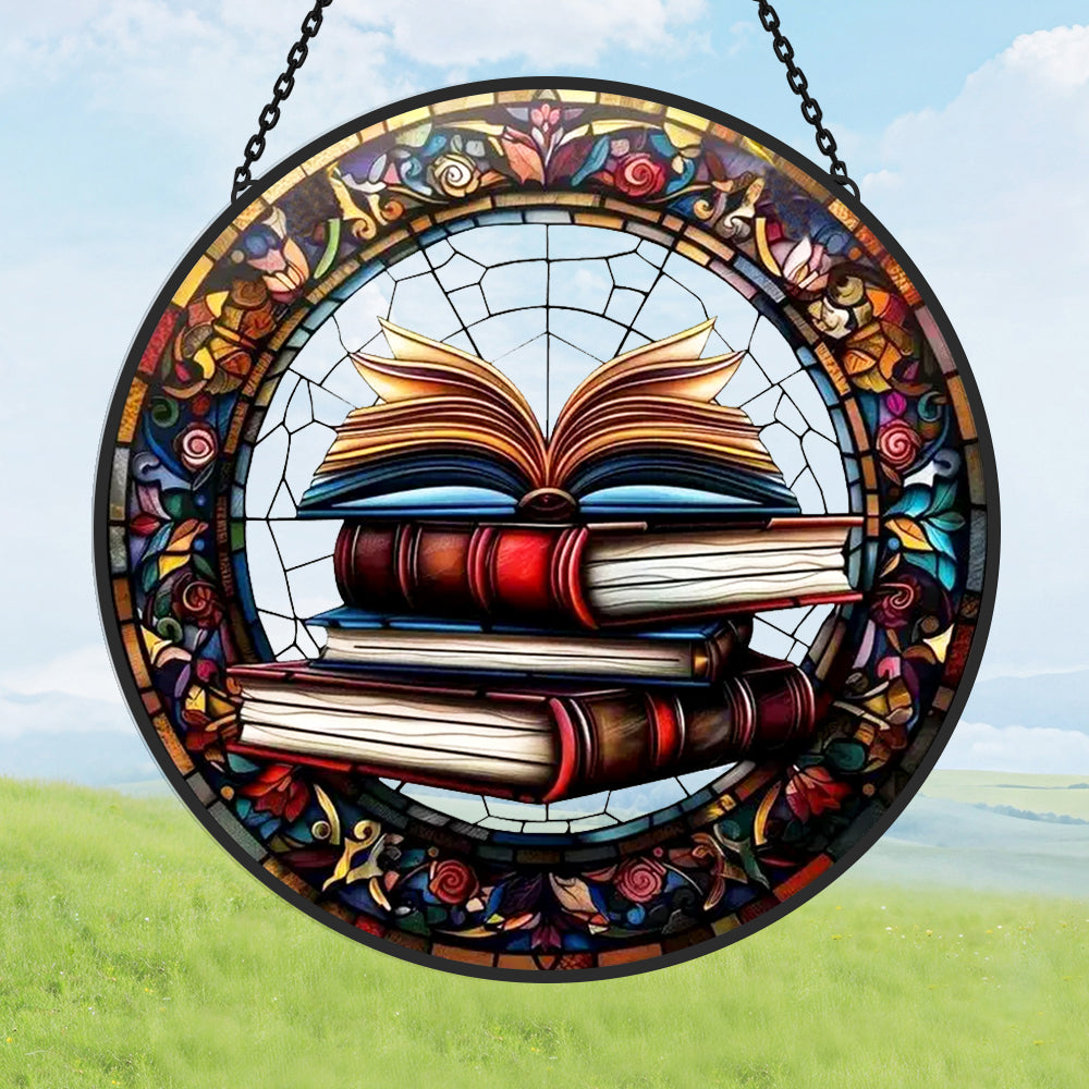 Stacked Books Sun Catcher Decoration Stained Glass Window Hanging