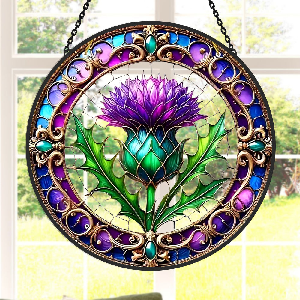Thistle Flower Sun Catcher Decoration Stained Glass Window Hanging