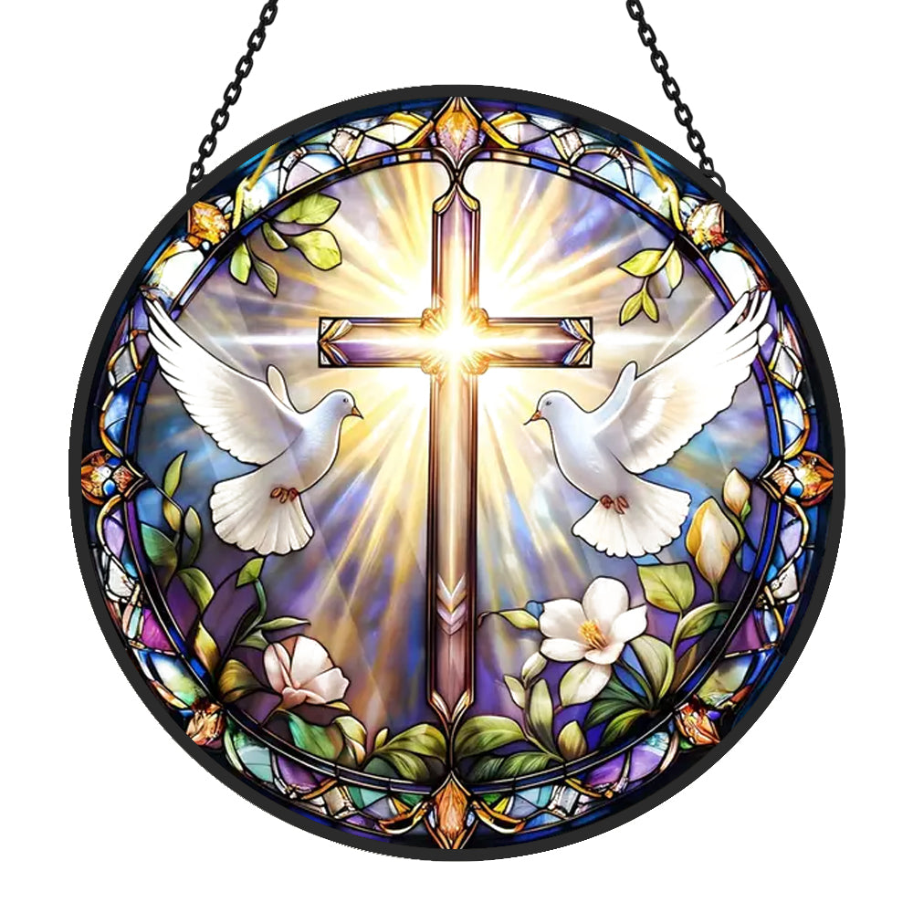 White Dove Cross Sun Catcher Decoration Stained Glass Window Hanging