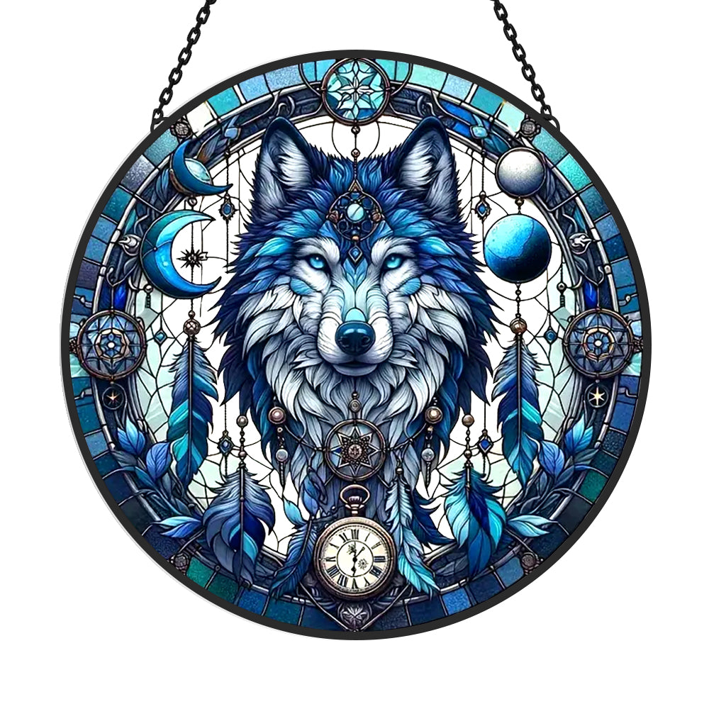 Wolf Sun Catcher Decoration Stained Glass Window Hanging