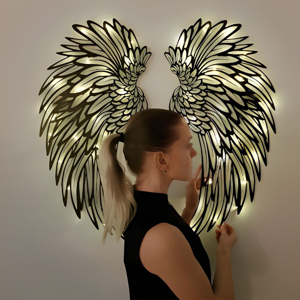 1 Pair Angel Wings Metal Wall Art With Led Lights Side