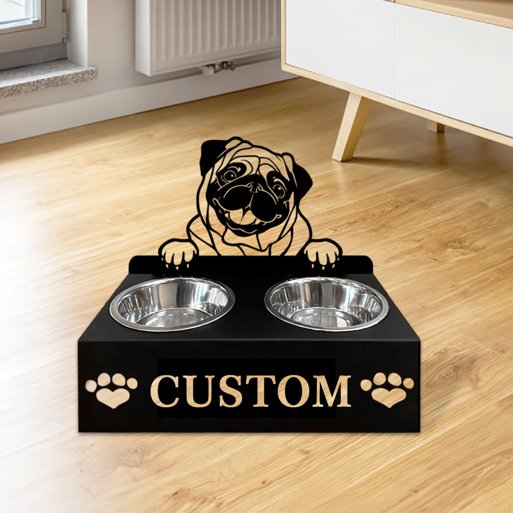 Pug Personalized Name Pet Food Bowl Holder Beckymetal