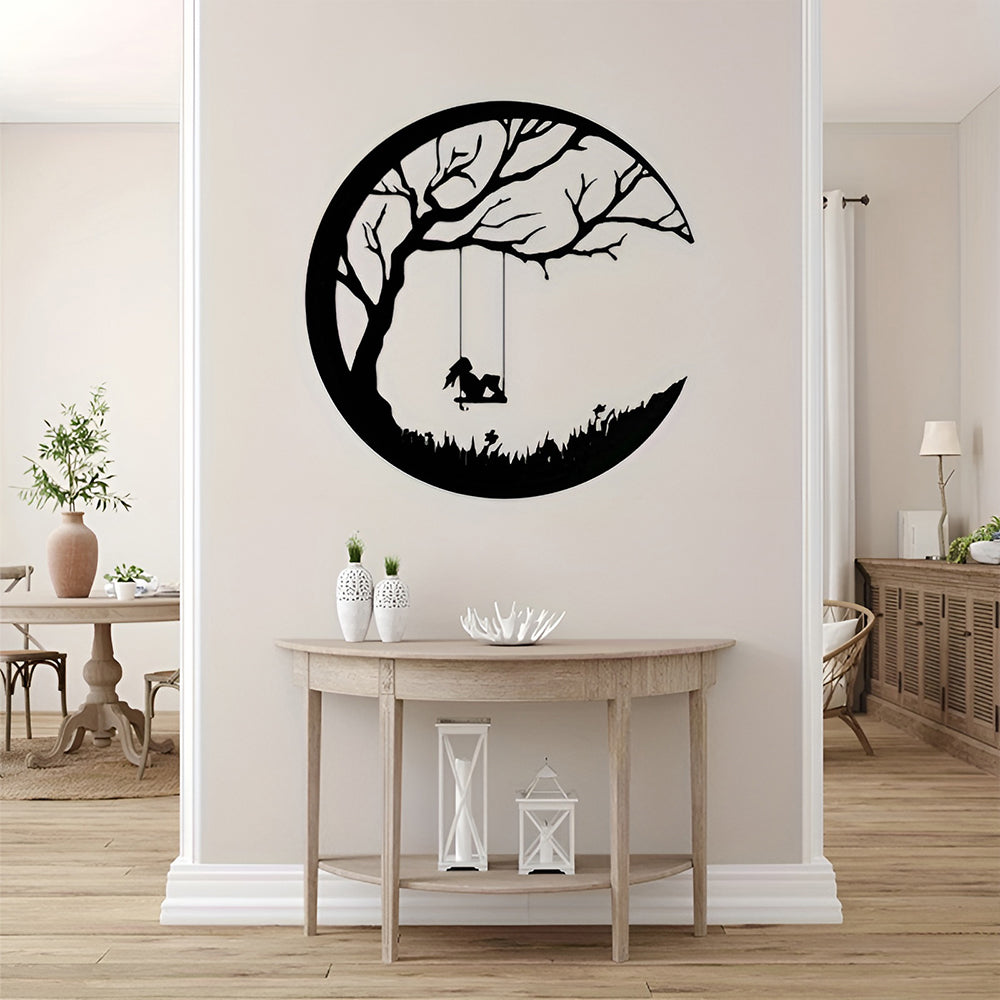 Moon And Lawn Tree With Swing Girl Metal Wall Art Decoration