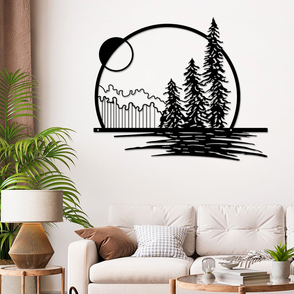 Sun Moon Mountain With Tree Metal Wall Decoration