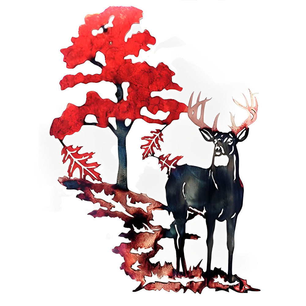 Elk and Red Tree Metal Wall Art