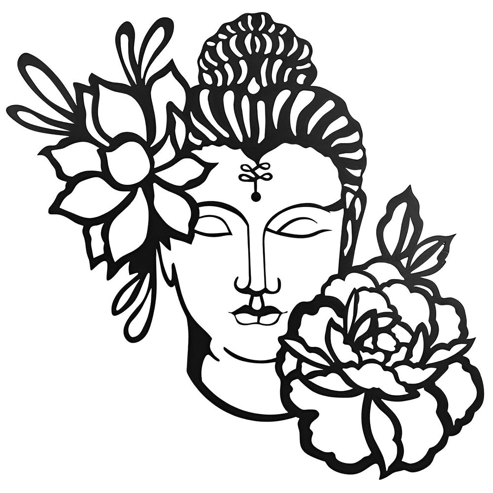 Buddha Statue And Chrysanthemum Metal Wall Art